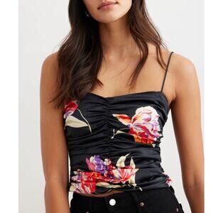 Dynamite Ruched Satin Cami crop top floral size S P black spaghetti straps NWOT